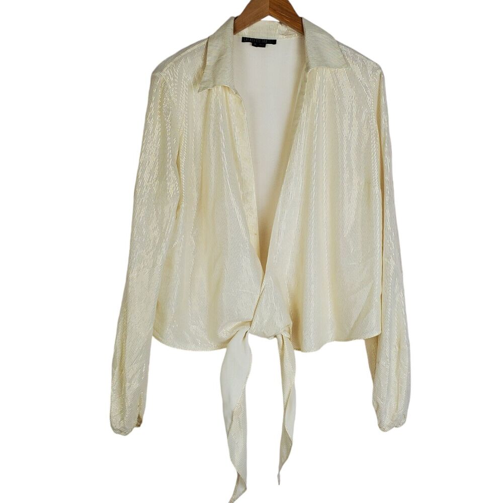 Lafayette 148 Blouse Womens Size 14 Balloon Sleeve Tie Front Mettalic Stripe Top